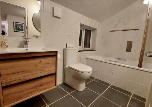 a bathroom with a toilet and a tub and a sink at Court Cottage in Berrynarbor