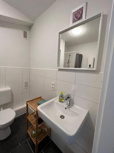 bagno con lavandino, servizi igienici e specchio di Apartment zentral in Duisburg 25 Min Messe Düsseldorf und Essen a Duisburg