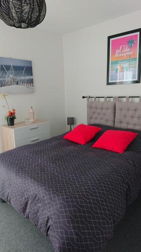 een slaapkamer met een groot bed met rode kussens bij Res au calme et arboree in Dax