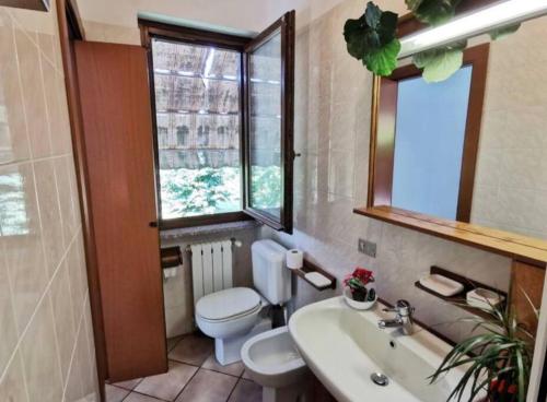 a bathroom with a toilet and a sink and a window at Il Vecchio Kiwi - House with private garden in Oleggio Castello
