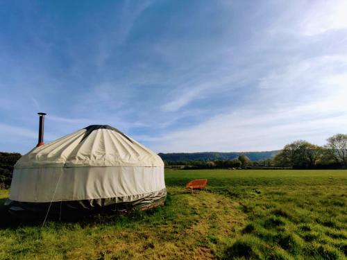 a yurt in the middle of a field with a chair at Beautiful Yurt with stunning South Downs views in Graffham