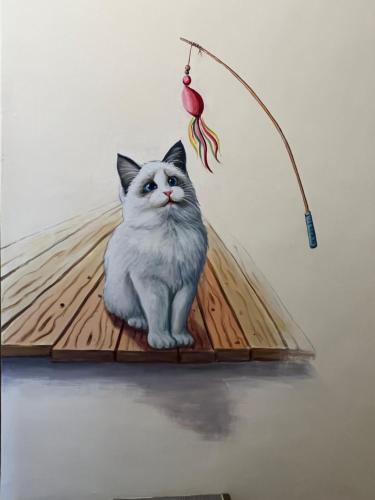 a painting of a cat sitting on a wooden board at Yu Shou Hao Hsien Guesthouse in Fushi