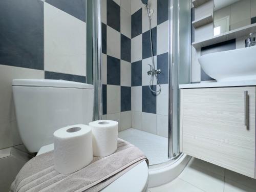 ein Bad mit einem WC, einem Waschbecken und einer Dusche in der Unterkunft Iakovaton Modern 62sqm in Athens in Athen