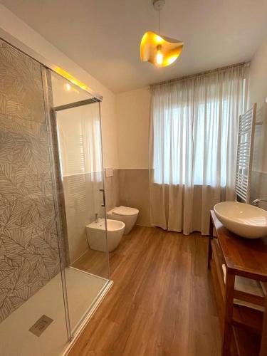 a bathroom with a shower and a sink and a toilet at Maison Bon Ton in Villafranca dʼAsti