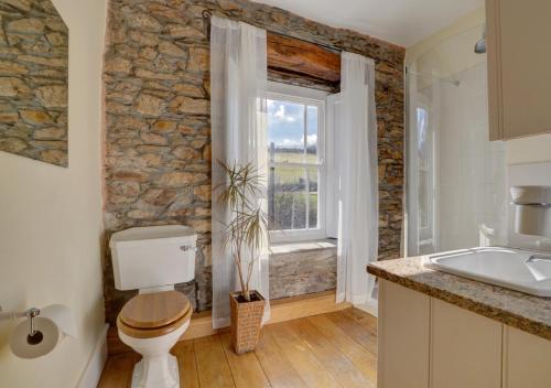 a bathroom with a toilet and a window at Lower Dean Farm in Trentishoe