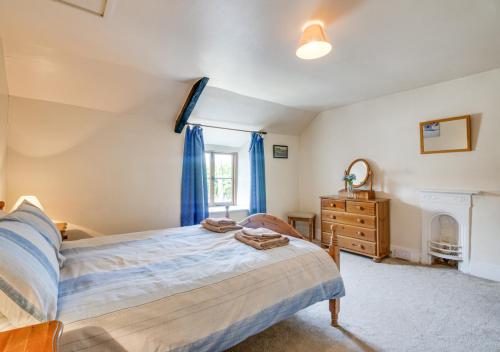 a bedroom with a bed and a fireplace at Waterside Cottage Westleigh in Westleigh