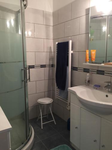 une salle de bain avec un lavabo et une douche dans l'établissement NiceStudio with air conditioning minimum 7 nights, à Antibes