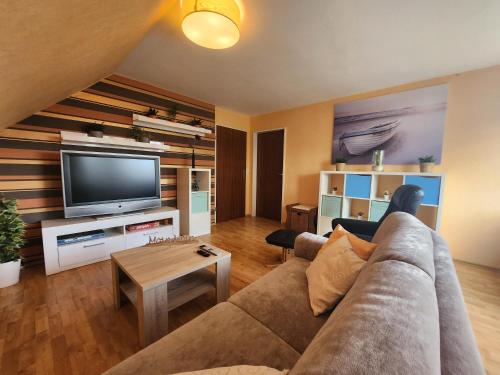 ein Wohnzimmer mit einem Sofa und einem TV in der Unterkunft Ferienwohnung Ammerland-Blüte in Westerstede