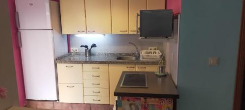 een kleine keuken met een witte koelkast en een wastafel bij Apartamento de 1 habitación in Torre de Benagalbón