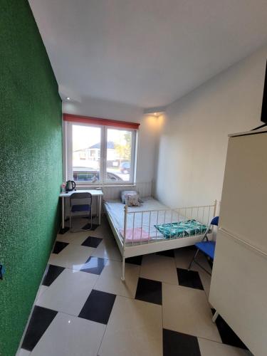 sypialnia z łóżkiem piętrowym i zieloną ścianą w obiekcie GuestHouse w Piasecznie