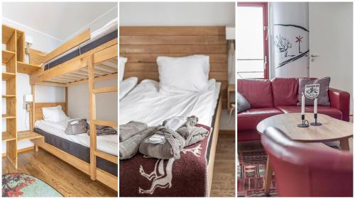 duas fotografias de um quarto com um beliche e um sofá em Ski Lodge Tänndalen em Tänndalen