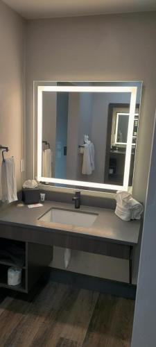 a bathroom with a sink and a large mirror at Bunk House in Madras