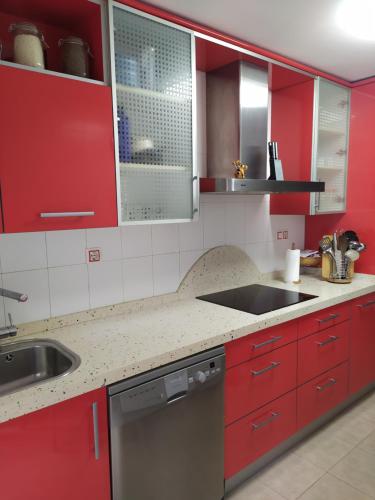 - une cuisine rouge avec un évier et un lave-vaisselle dans l'établissement Apartamento Casa Labaro, junto al Parque de Cabárceno, à Arenal