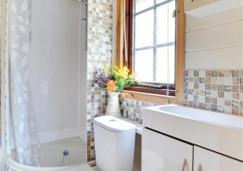 Un baño con inodoro, bañera y lavabo. en River Lodge, en Lynmouth