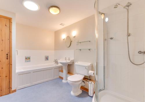 a bathroom with a toilet and a shower and a sink at Swallow Barton in Atherington