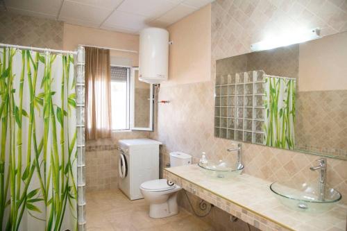 a bathroom with a toilet and a sink and a mirror at 3 bedrooms house with private pool enclosed garden and wifi at Camarles 5 km away from the beach in Camarles