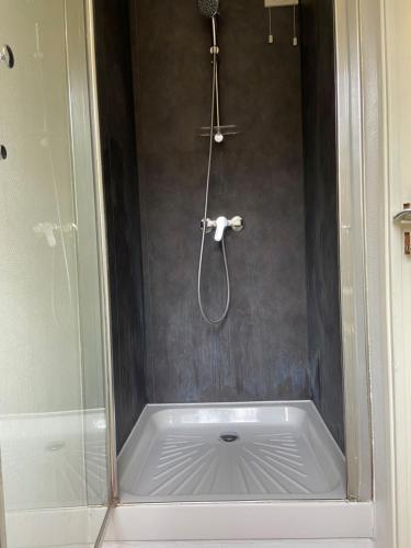 La salle de bains est pourvue d'une cabine de douche en verre. dans l'établissement Appartement cosy F2, à Creil