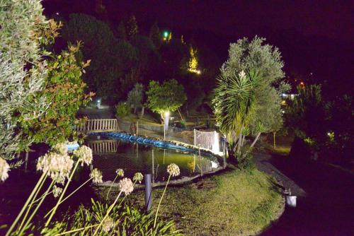 ヴィーラ・ノーヴァ・デ・ファマリカンにある2 bedrooms villa with lake view private pool and enclosed garden at Vila Nova de Famalicaoの夜の庭園の空中風景