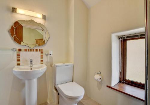 een badkamer met een toilet, een wastafel en een spiegel bij Workshop in Bampton