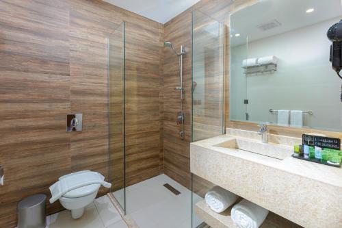 La salle de bains est pourvue de toilettes et d'une douche en verre. dans l'établissement The Seasons Hotel, à Médine