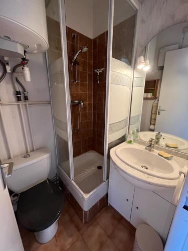 une salle de bain avec une douche, un lavabo et des toilettes dans l'établissement Les Galets de Sanary - Vue mer, à Sanary-sur-Mer