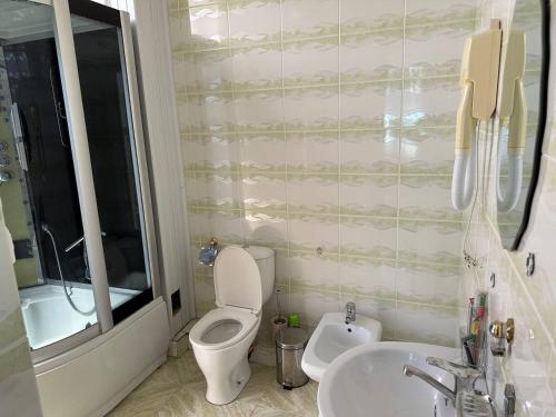 a bathroom with a toilet and a sink and a mirror at SARVAR in Dushanbe