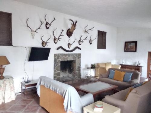 - un salon avec une cheminée et des bois sur le mur dans l'établissement 7 bedrooms villa with private pool furnished garden and wifi at Malaga, à Malaga