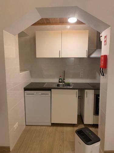 a small kitchen with white cabinets and a sink at Fazenda Apartments - Apartment 3 in Lajes das Flores