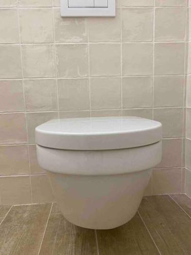 a white toilet in a bathroom with a tiled wall at Blue Calm Luxury Villa in Sifnos in Artemonas