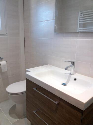 une salle de bain avec un lavabo blanc et des toilettes dans l'établissement Maison de charme avec piscine privée à Velleron, à Velleron