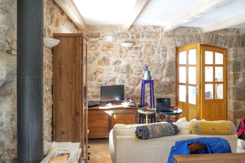 salon z kamienną ścianą w obiekcie 3 bedrooms house with jacuzzi enclosed garden and wifi at Stari Grad 1 km away from the beach w mieście Stari Grad