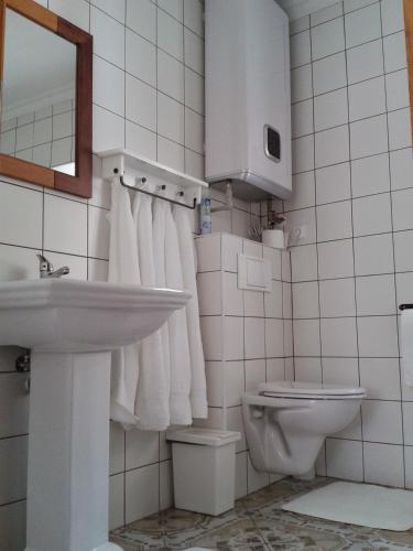 a white bathroom with a sink and a toilet at Penzion a hospoda Na statku in Hluboká nad Vltavou