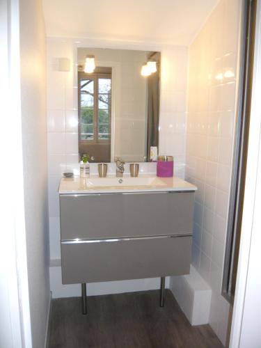 une salle de bain avec un lavabo et un miroir dans l'établissement Appartement contemporain à Cognac, 50 m² - Parking., à Cognac