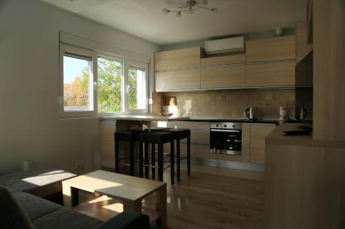 eine Küche mit einer Couch und einem Tisch in einem Zimmer in der Unterkunft Cozy Apartment in Tivat, 32 m² + Parking in Tivat