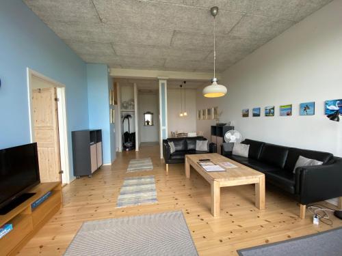 Telewizja i/lub zestaw kina domowego w obiekcie Skærven Beachfront Apartments and Cottage