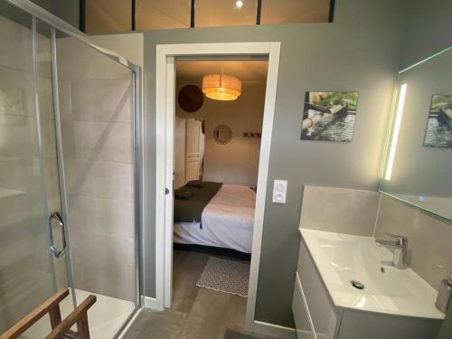łazienka z prysznicem, umywalką i łóżkiem w obiekcie Bambou - Centre historique - parking Hôtel Dieu w mieście Bourges