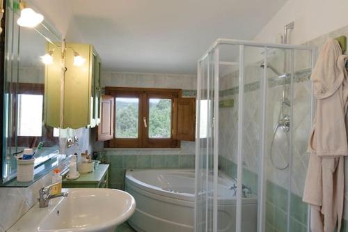 a bathroom with a shower and a tub and a sink at 2 bedrooms house with jacuzzi enclosed garden and wifi at Decollatura in Decollatura