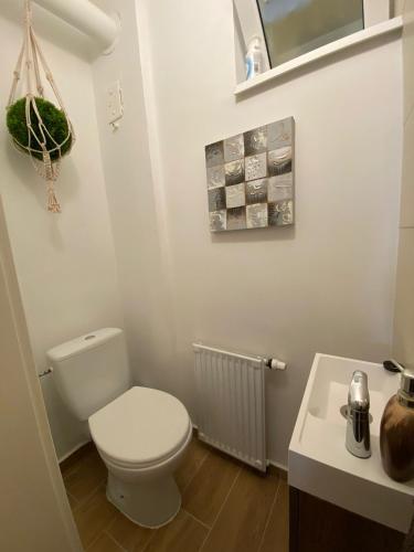 a bathroom with a white toilet and a sink at Hillside Apartman in Dunaszentmiklós