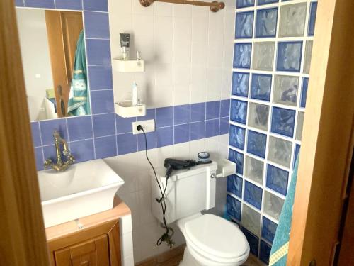 y baño con aseo, lavabo y azulejos azules. en 3 bedrooms villa with shared pool enclosed garden and wifi at Casais de Sao Bras, en Casais de São Brás