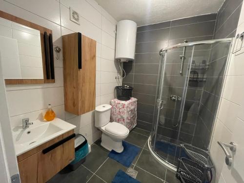 a bathroom with a shower and a toilet and a sink at Your home in Prizren