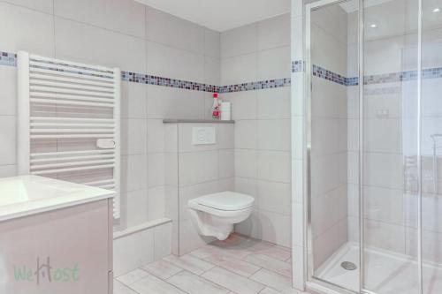 La salle de bains blanche est pourvue d'une douche et de toilettes. dans l'établissement GITE Didine, à Montmin