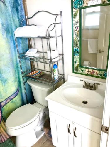 a bathroom with a toilet and a sink and a mirror at Sea Haven - Sea View at Symphony Beach Club in Ormond Beach