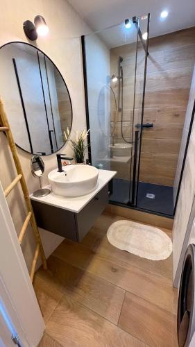 a bathroom with a sink and a shower with a mirror at Apartmán Víšek in Jáchymov