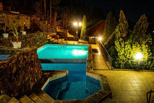 una piscina por la noche con luces en Safari Village Velingrad, en Velingrad