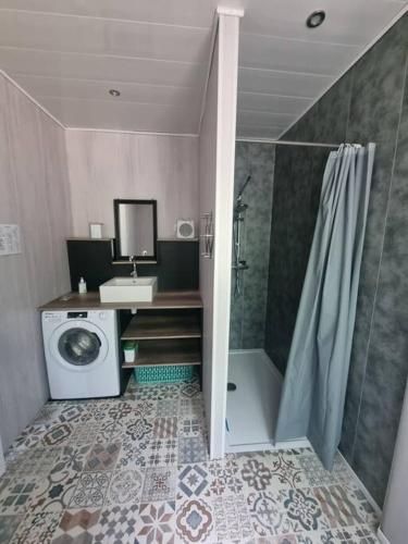 une salle de bain avec douche et machine à laver dans l'établissement Maison avec piscine au cœur des Gorges de l'Ardèche, à Balazuc