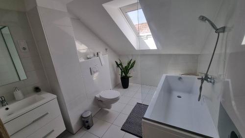 a white bathroom with a toilet and a sink at Bécsi Kapu Apartman in Vác