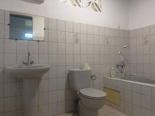 La salle de bains est pourvue de toilettes et d'un lavabo. dans l'établissement Résidence Sapotille, à Matoury