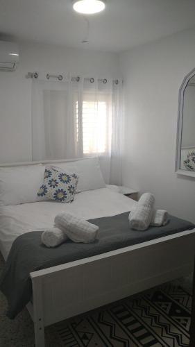 LTD Hadas Garden apartment في طبرية: سرير عليه وسادتين في غرفة النوم