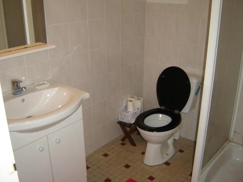 La salle de bains est pourvue de toilettes noires et d'un lavabo. dans l'établissement Maison Notre-Dame-de-Monts, 7 pièces, 10 personnes - FR-1-540-241, à Notre-Dame-de-Monts
