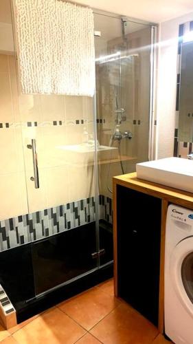 une salle de bain avec douche et machine à laver dans l'établissement STUDIO COSY avec deux vélos COEUR DE VILLE, à Hyères